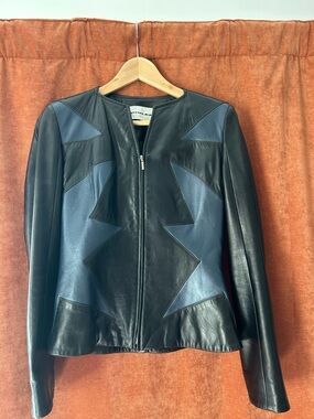 Vintage 90s Mugler Women’s Black & Blue Leather Zip-Front Jacket